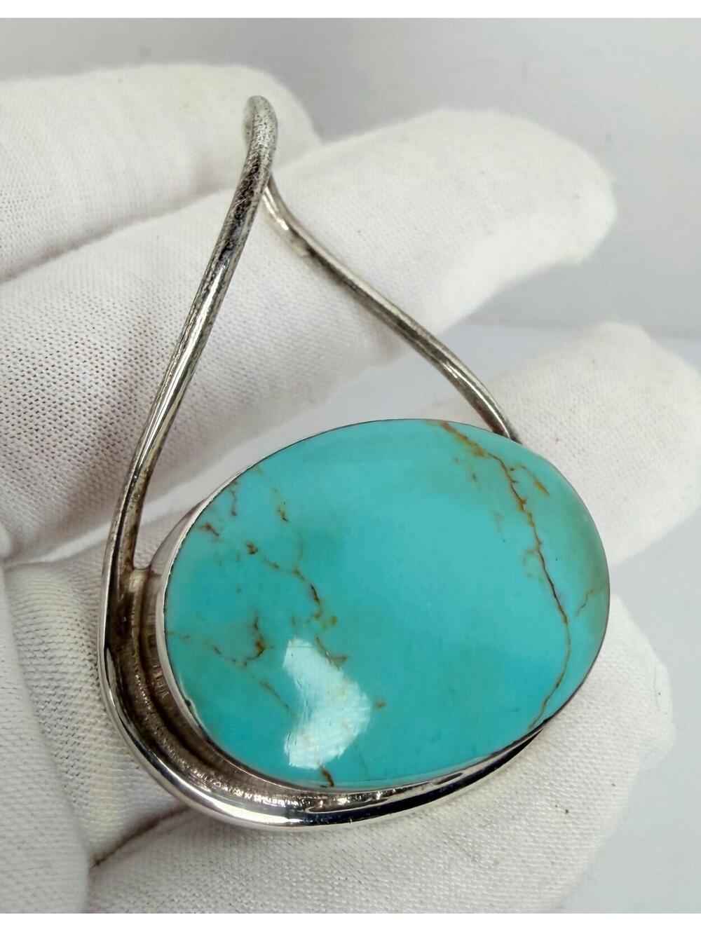 Vintage Taxco Mexico Pendant Sterling Silver Teal Turquoise TC-75 - Picture 3 of 14